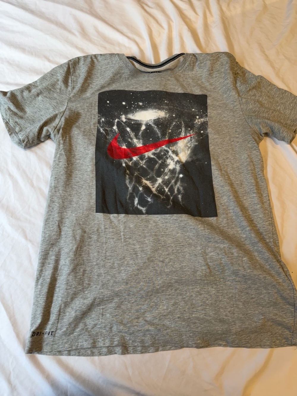 Nike Gray Short-Sleeve Graphic Tee with Red Swoosh